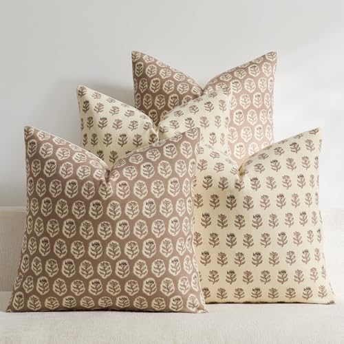 Set of 4 18x18 Floral Pillow Covers, Farmhouse Neutral Print Decorative Throw Pillow Covers for Couch and Living Room Bedroom Home Decor, Vintage Accent Square Pillow Cases, Taupe - color: Taupe