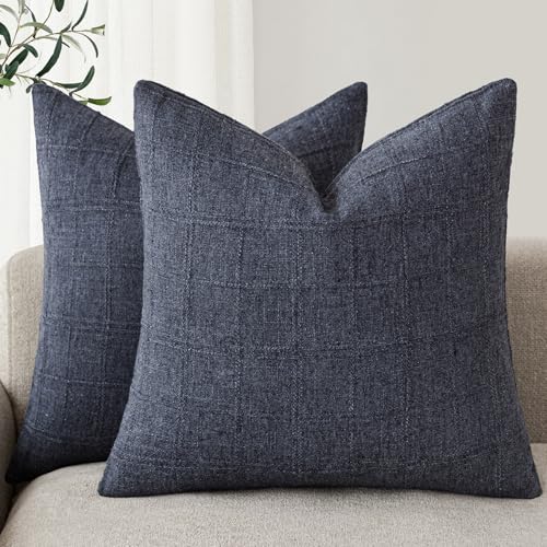 Foindtower Set of 2 Decorative Linen Check Throw Pillow Covers Neutral Farmhouse Vintage Cushion Covers Modern Boho Home Decor for Sofa Chair Couch Bedroom Living Room,16×16 Inch,Navy Blue - color: Navy Blue, size: 16" x 16" (Pack of 2)