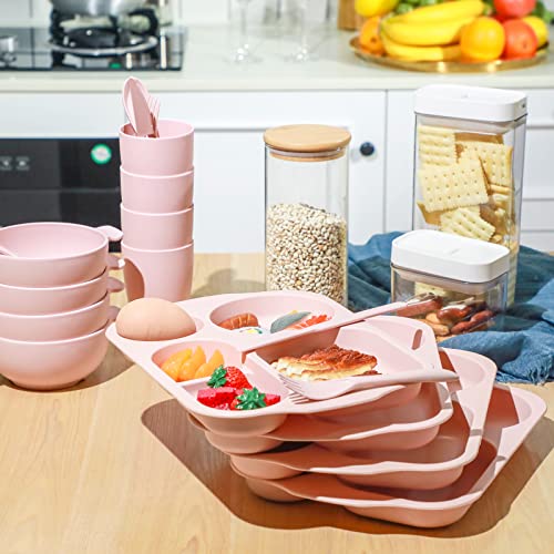 Honoson 24 Pcs Wheat Straw Dinnerware Cutlery Set, Service for 4, Unbreakable Plates and Bowls Set - Divided Plates, Bowls, Spoons, Forks & Knives, Microwave & Dishwasher Safe(Pink) - color: Pink