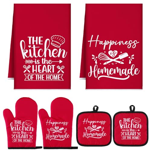 Sratte 6 Pcs Kitchen Decor Accessories Set Farmhouse Towels Pot Holders Oven Mitts Set 2 Dish Towels 2 Potholders 2 Cooking Mittens Oven Glove for Christmas Baking Cooking Supply(Red,Kitchen) - color: Red, style: Kitchen