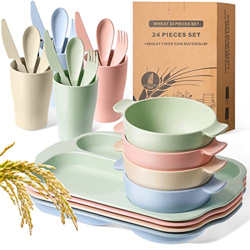 Honoson 24 Pcs Wheat Straw Dinnerware Cutlery Set, Service for 4, Unbreakable Plates and Bowls Set - Divided Plates, Bowls, Spoons, Forks & Knives, Microwave & Dishwasher Safe(Beige/pink/green/blue) - color: Beige/Pink/Green/Blue