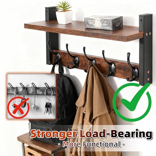 Wall Mounted Coat Hook with Shelf, 17 Inch | Entryway Key Holder, Mail Organizer, For Living Room Bedroom Kitchen Laundry Room