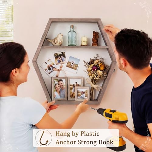 16 Inch Huge Wooden Shadow Box Frame with Acrylic Panel, Shelves, Hangable Brown Deep Shadow Boxes Memory Display Cases with Lanyard and Metal Hook for Wedding Keepsakes, Photos (Hexagonal) - style: Hexagonal