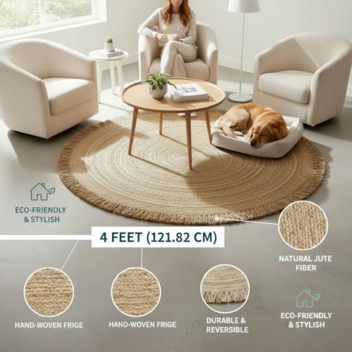 Hand Woven Jute Round Rug, Natural Reversible Boho Area Rug for Entryway, Kitchen, Living Room and Bedroom I Farmhouse Indoor Floor Rug - 4ft, Circular - size: 4' (Round)