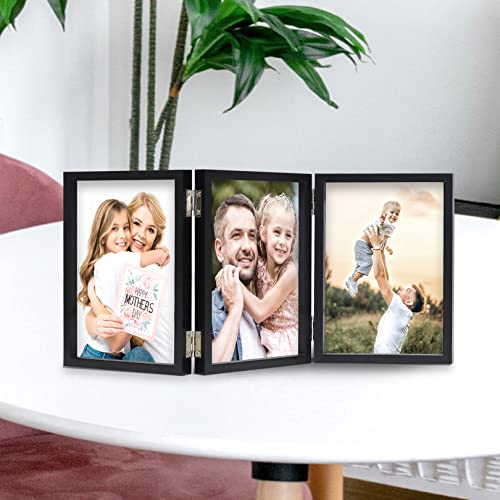 WUTL 3 Picture Frame Triple Collage 5x7 Frames with Real Glass Black | Trifold Photo Frame, Hinged Foldable, Crystal Clear Real Glass - color: Black, size: 5x7