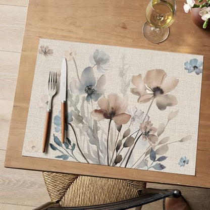 Artoid Mode Brown Poppy Floral Vinyl Plastic Placemats Set of 4, Washable Non-Slip PVC Table Mats for Party Kitchen Dining Decor, 12x18 Inch - size: 12" x 18", Rectangular Set of 4