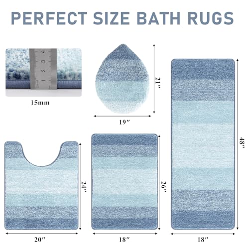 Bsmathom Bathroom Rug Set 4 Piece, Plush Microfiber Bath Mat, Dusty Blue | Extra Water Absorbent, Non Slip Washable Runner Bath Rugs with Toilet Lid Cover and U-shaped Contour Toilet Mat - color: Dusty Blue, size: 18"x26"+18"x48"+U20"x24"+Cover19"x21"