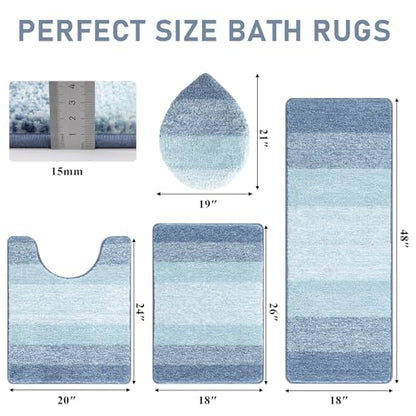 Bsmathom Bathroom Rug Set 4 Piece, Plush Microfiber Bath Mat, Dusty Blue | Extra Water Absorbent, Non Slip Washable Runner Bath Rugs with Toilet Lid Cover and U-shaped Contour Toilet Mat - color: Dusty Blue, size: 18"x26"+18"x48"+U20"x24"+Cover19"x21"