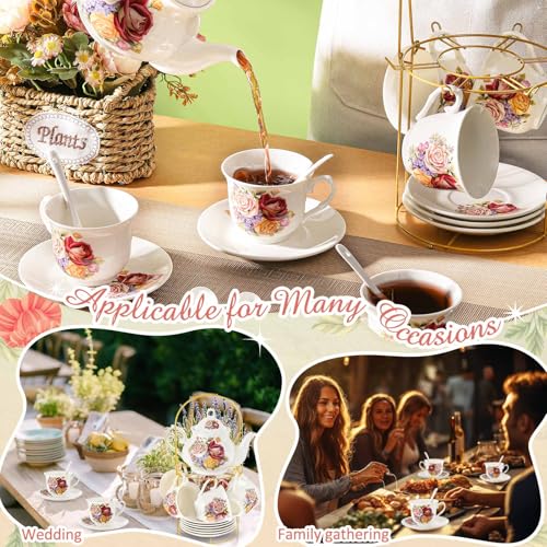 Zhehao 20 Pcs Porcelain Tea Set with Metal Holder and Spoon Adult Ceramic Tea Set European Flower Painting Teapot Cup Saucer Spoon for Women Mom Gift, Large Version (Groovy Style) - color: Styleish Style