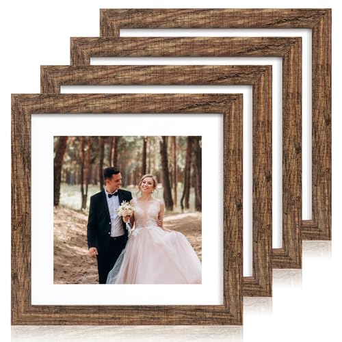 iRahmen 10x10 Picture Frame Set of 4 with Real Glass, Rustic Frames Display 8x8 Picture with Mat or 10 x 10 Without Mat, Wooden Square Photo Frame for Wall Mount and Tabletop Display - color: Brown, size: 10X10