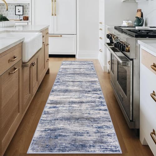 KOZYFLY Modern Abstract Hallway Runner Rug, 2.6x8 Washable Rug Runner Non-Slip Soft Striped Kitchen Runner Rugs, Print Grey Blue Carpet Runner for Entryway Bathroom Laundry Room Foyer - color: Blue-grey, size: 2'8" x 8' (Runner)