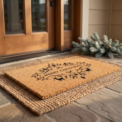 Merry Christmas Doormat | Natural Coconut Coir, Non-Slip | Outdoor Welcome Mat with Festive Holiday Design - color: Merry Christmas