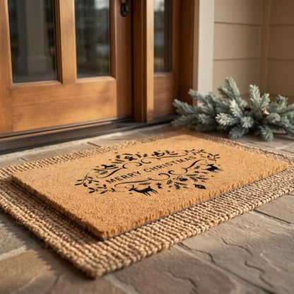 Merry Christmas Doormat | Natural Coconut Coir, Non-Slip | Outdoor Welcome Mat with Festive Holiday Design - color: Merry Christmas