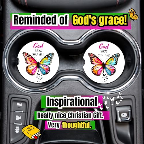 Christian Car Coasters for Cup Holders - 2 Pack Cute Butterfly Bible Verses Car Accessories for Women, Inspirational Faith Decor, Absorbent Ceramic Cup Holder Coaster for Car, Scripture Religious Gift