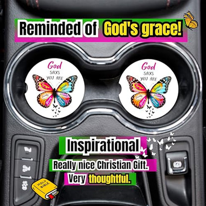 Christian Car Coasters for Cup Holders - 2 Pack Cute Butterfly Bible Verses Car Accessories for Women, Inspirational Faith Decor, Absorbent Ceramic Cup Holder Coaster for Car, Scripture Religious Gift