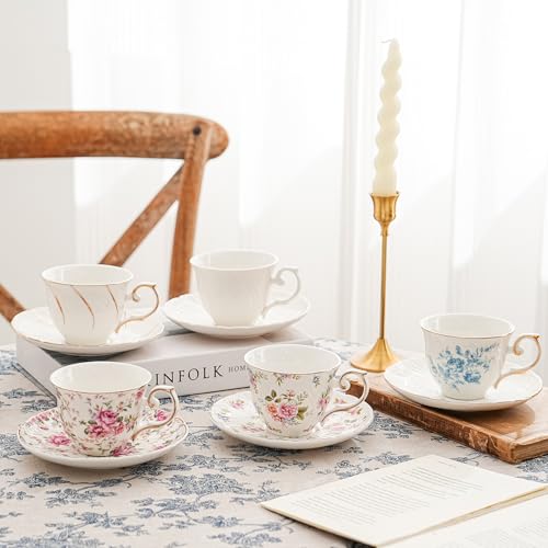 Agyiuns tea cups and saucers ceramic coffee mug 6oz set of 4 for Latte, Cafe Mocha, white with flowers - color: White and small floral-set of 4
