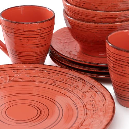 Elama Malibu Jasper 16-Piece Stoneware Embossed Pattern Reactive Glaze Orange Dinnerware Set, Tableware, Serveware Set (Jasper Orange) - color: Jasper Orange