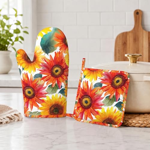 Watercolor Sunflowers Oven Mitts and Pot Holders Sets Flower Oil Painting Non-Slip Silicone Surface for BBQ Gloves,Kitchen,Cooking,Baking,Grilling - color: Watercolor Sunflowers