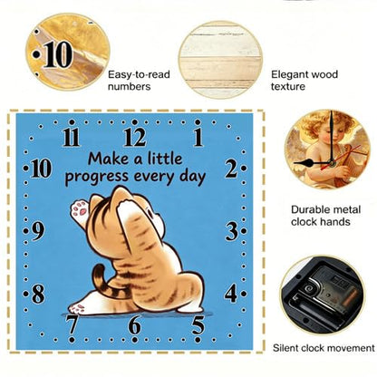 Cute Cat Wall Clock Modern Minimalist Square Wooden Wall Clock Non-Ticking for Kids Room Living Room Bedroom Office Yoga Studio 10 Inch - color: C3