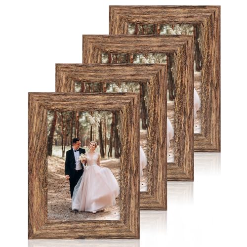 iRahmen 4x6 Picture Frame Set of 4, High Definition Glass Brown Frame, 4 x 6 Wood Rustic Photo Frames for Horizontal or Vertical Display Tabletop and Wall Mounting - color: Brown, size: 4X6