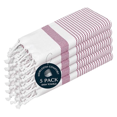 Burgundy Wine Turkish Kitchen Towels 16x26 Inch, 5 Pack, 100% Cotton, Ultra Absorbent, Soft, Fast Dry, Washable, Dish Towel with Tassels for Drying Dishes, Cleaning, Everyday Use - color: Burgundy Wine, style: 5 Pack