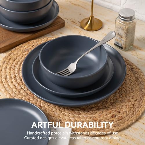 12-Piece Stoneware Dinnerware Set with Mugs | Microwave and Dishwasher Friendly | Stackable Matte Glaze Plates & Bowls | Service for 3 (Blue for 3) - color: Blue for 3