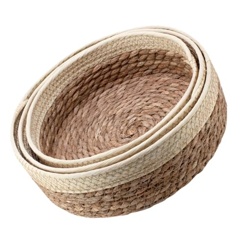 Decorative Woven Storage Basket Set of 3, Multipurpose round Desktop Storage Bins with Straw and Paper Rope, Farmhouse Rustic Organizer for Home and Office