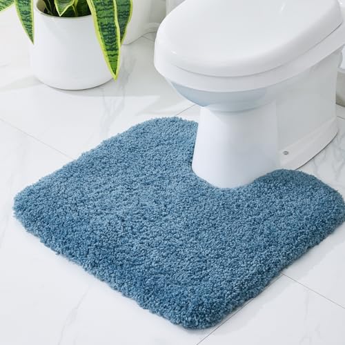 Disolla Toilet Mat 22x24 Blue - Non Slip Fluffy U-Shaped Contour Rug, Ultra-Soft Plush Toilet Floor Mat, Absorbent & Machine Washable - color: Blue, size: 1'10" x 2' (22''x24'' Toilet Rug)