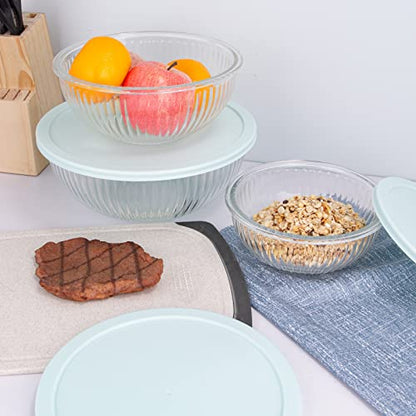 Luvan Glass Mixing Bowls with Lids Set(3.7QT, 2.1QT, 1.1QT),3PC Glass Nesting Bowl, Large Salad Bowls Sets with lids,Clear Cooking Bowl for Kitchen Prep,Food Storage,Baking,Microwave and Oven Safe - color: 3 Pack Sky Blue