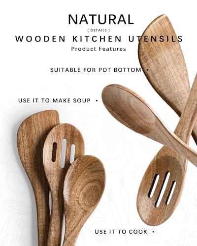Wooden Spoons for Cooking, 3-Piece Acacia Wood Cooking Utensil Set | Slotted spoon, solid spoon and spatula handle stirring, draining, flipping and serving while staying gentle on nonstick pans. - color: Acacia Brown