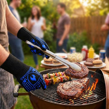 IGNISGUARD® BBQ Gloves, Heat Resistant Grill Gloves, 1 Pair, Blue (L) | EN407:2020 tested with textured silicone grip, three-layer construction and long knit cuff for added wrist coverage. - color: Blue, size: Large