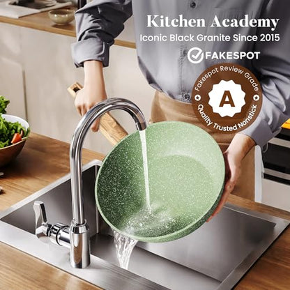 Kitchen Academy 17Pcs Green Induction Cookware Set, Nonstick Pots and Pans | Sage Green Granite Coating, Healthy Non Toxic Kitchen Cooking Pans and Pots Set Non Stick - color: Green, size: 17 PCS Cookware Set