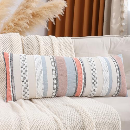Boho Lumbar Throw Pillow Cover 14x36 Orange Blue | 1 Piece,Durable Fabric,Stripe Pillow Cover,Farmhouse Cushion Case,Chenille Pillow Case,Neutral Pillowcase for Sofa Couch Bed - color: Orange-blue Stripe, size: 36" x 14" (Pack of 1)