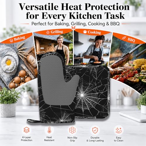 Spider Web Oven Mitts and Pot Holders Sets Silicone Kitchen Mitts Potholders Heat Resistant Oven Gloves Hot Pads for Kitchen Baking Cooking - color: Spider Web