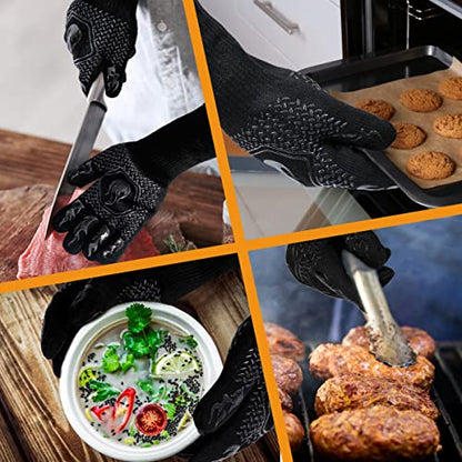 BBQ Gloves 1472F Heat Resistant Non-Slip Silicone 13.5in (Black) | Grill Cut-Resistant, Oven Kitchen Safe for Barbecue, Cooking, Frying - color: Black