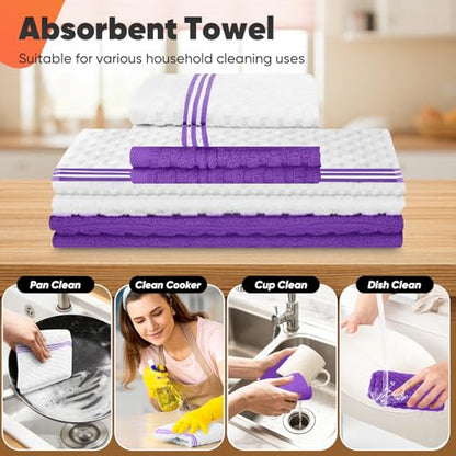 Oven Mitts Kitchen Towels and Dishcloths with Pot Holders Sets, Oven Gloves Hot Pads 500°F Heat Resistant with Silicone Grip, Include 2 Cooking Gloves/2 Potholders/4 Kitchen Towels/4 Dish Towels - color: Purple