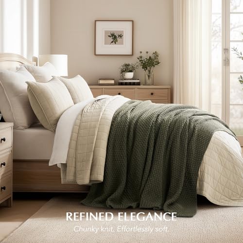 EVERGRACEHOME Chunky Chenille Knit Throw Blanket, 108x92, Olive Green | Sculpted Moss Stitch, Chic Modern Farmhouse, All-Season Warmth, OEKO-TEX® Certified, Oversized King for Couch, Bed, Sofa - color: Olive Green, size: 108" X 92"