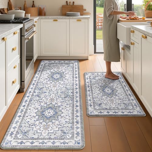 Boho Kitchen Mats for Floor 2 Piece Set Anti Fatigue Cushioned PVC Kitchen Rugs Non Slip Waterproof Farmhouse Mats 2/5 Inch Comfort Standing Mat for Sink, Laundry, 23.6"x39"+23.6"x59",C2 - color: Blue Grey, size: 23.6"x39"+23.6"x59"
