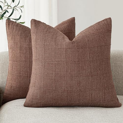 Foindtower Set of 2 Decorative Linen Check Throw Pillow Covers Neutral Farmhouse Vintage Cushion Covers Modern Boho Home Decor for Sofa Chair Couch Bedroom Living Room,16×16 Inch,Autumnal Red - color: Coconut Shell, size: 16" x 16" (Pack of 2)
