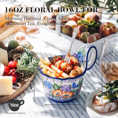 ALMA 16oz Soup Bowl with Large Handle,Microwave Safe, Gift for Women | Handpainted,Oven Safe,Perfect for larger servings of cappuccino,Love Slow Morning Coffee Rituals,BPA-free & lead-free glaze - color: Meadow Elegy