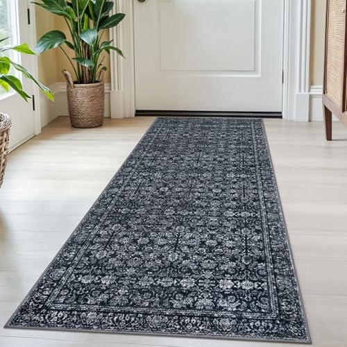 SIILOOM 2x5 Washable Runner Rug, Non Slip Soft Area Rug for Hallway Kitchen | Black Boho Vintage Door Mat Indoor Floor Carpet for Entryway Front Backdoor Laundry Bedside, Easy Clean - color: Black, size: 2' x 5' (Runner)