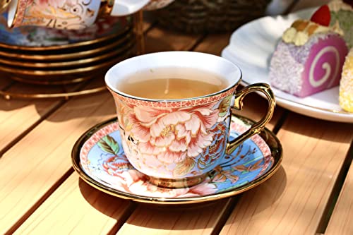20 Pieces Porcelain Tea Set With Metal Holder, European Ceramic tea set for adults,Flower Tea Set,Tea Set For Women With Flower Painting(Large version, Light Blue)) - color: Light Blue