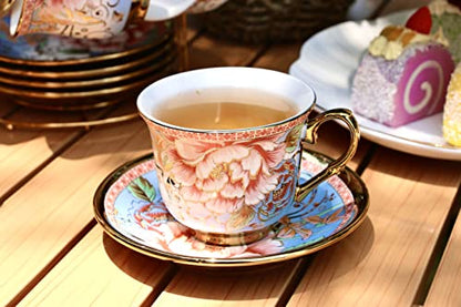 20 Pieces Porcelain Tea Set With Metal Holder, European Ceramic tea set for adults,Flower Tea Set,Tea Set For Women With Flower Painting(Large version, Light Blue)) - color: Light Blue