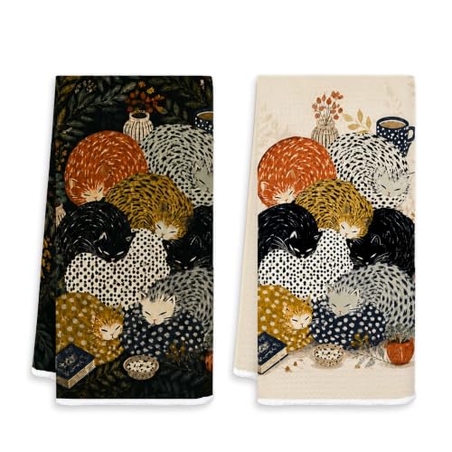 Boho Abstract Cat Kitchen Dish Hand Towels 16x24 Set of 2 | Cat Lover Mom Lady Gifts, Whimsical Folk Art Cat Decorative Hand Tea Towels for Bathroom Kitchen - color: White-abstract Cat Set 2