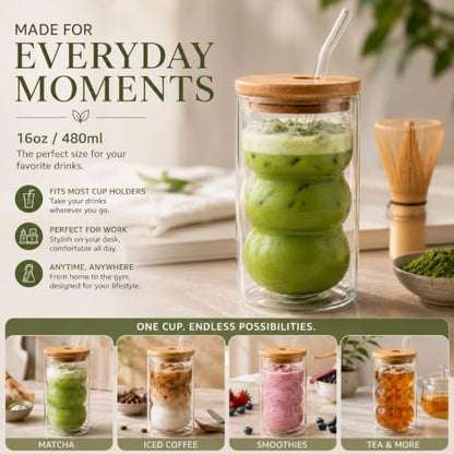 HAPPY PATH & CO. 2 Double Wall Glass Cups with Lids and Straws 16oz (480ml) - Glasses Drinking Set | Glass Tumbler with Bamboo Lid | Ribbed Bubble Glass Cups for Matcha, Coffee and Other Smoothies