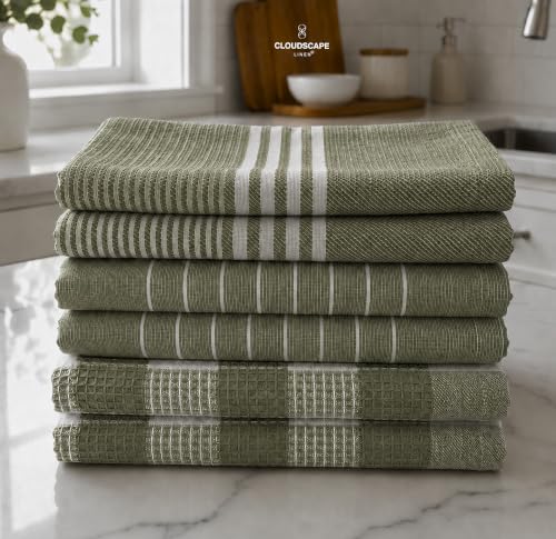 CSL Premium Kitchen Towels Set of 6,Highly Absorbent,Quick Dry,18x28,Green | Cotton, Soft and Lint-free, Hanging Loop, Holds up Wash After Wash, Fresh Tone, Suits any style, Great Bundle Value - color: Olive - Waffle, size: 6 Pack