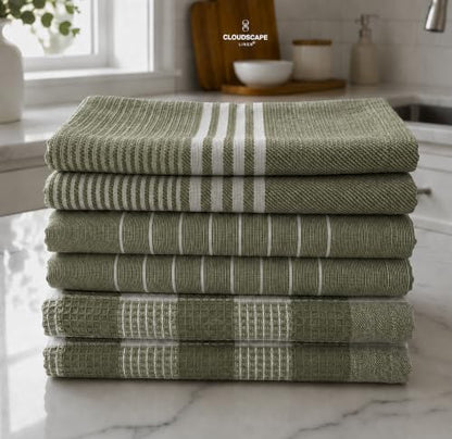 CSL Premium Kitchen Towels Set of 6,Highly Absorbent,Quick Dry,18x28,Green | Cotton, Soft and Lint-free, Hanging Loop, Holds up Wash After Wash, Fresh Tone, Suits any style, Great Bundle Value - color: Olive - Waffle, size: 6 Pack