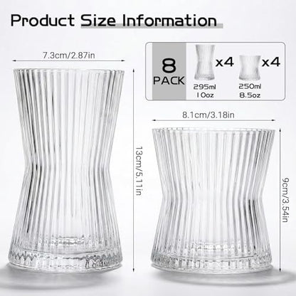 JOVGANK Drinking Glasses Set of 8 – Lead-Free Crystal Glassware, 4 Tall 10oz & 4 Short 8.5oz Vintage Ribbed Tumbler Glasses, Dishwasher Safe, for Juice Beer Cocktails, Great Housewarming Gift, Set B - style: X