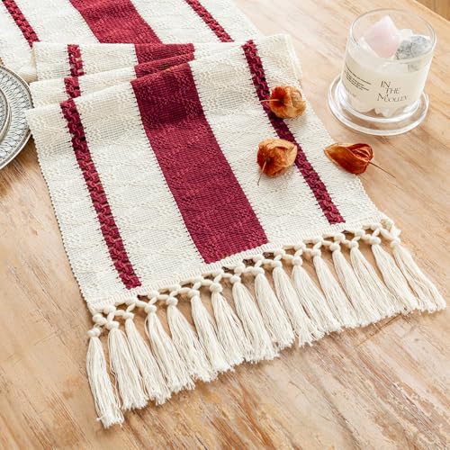 Fancy Homi Burgundy Table Runner 60 Inches Long Boho Macrame Christmas Table Runner for Home Decor, Farmhouse Table Runners with Tassels for Party Rustic Bridal Shower Dining Decor 12x60 Inches - color: Burgundy, size: 12" x 60"