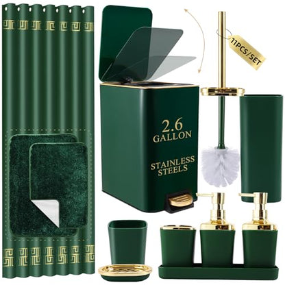 XLHOMO Bathroom Sets with Shower Curtain and Rugs Bathroom Accessories Set Hunter Green Bathroom Set,Soap Dispenser & Toilet Brush Holder Set with Stainless Steel Trash Can - size: Hunter Green, style: Bath Set+Shower Curtain+Bath Rugs